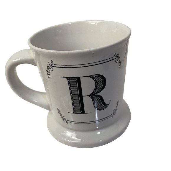 HOME ESSENTIALS Mug Cup Monogram R Scroll Pedestal Bottom Ceramic Wide Brim - Picture 5 of 6